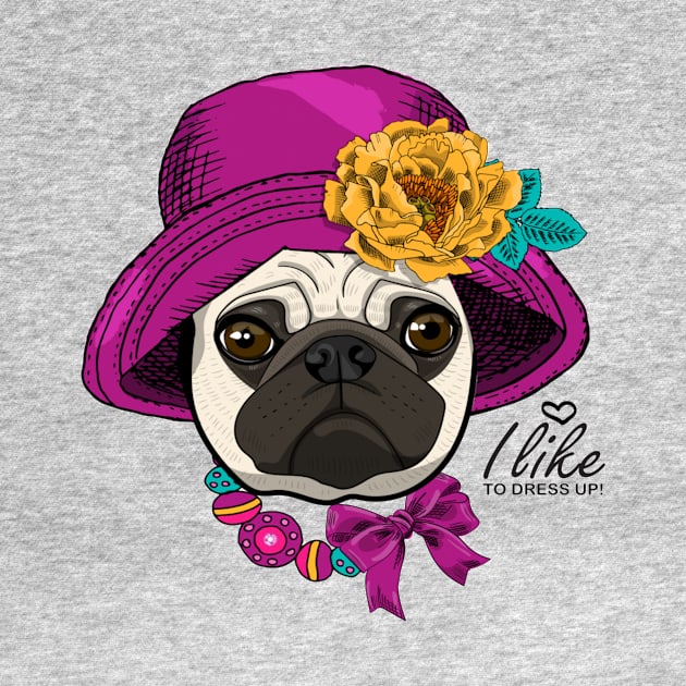 Vector dog with hat, yellow flower and nacklace. Hand drawn illustration of dressed pug by amramna